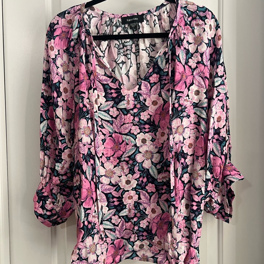 Karen Kane Pink and Black Floral Blouse